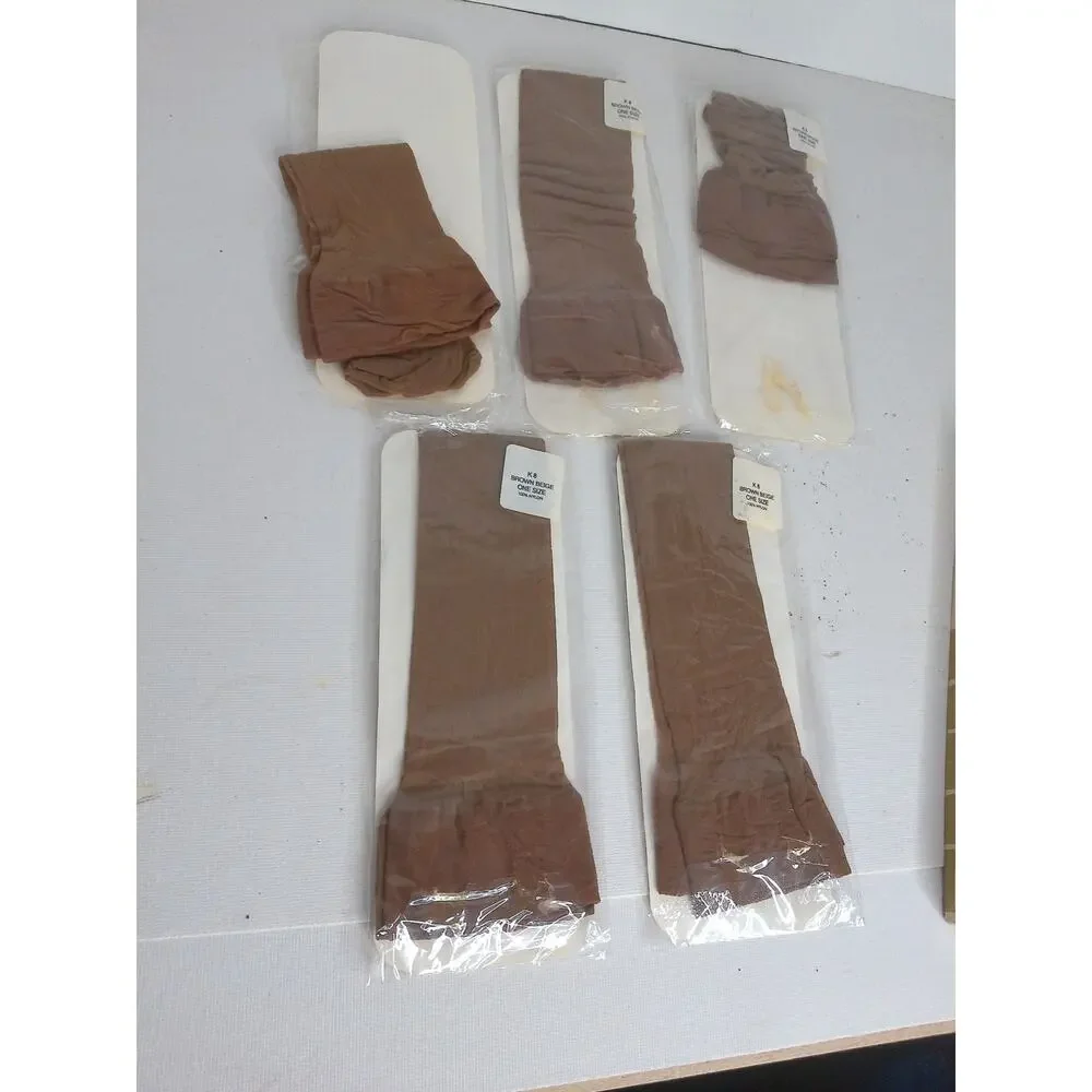 Vintage 1970s 1980s Knee High Stockings Brown Beige Nylon Socks Lot of 5